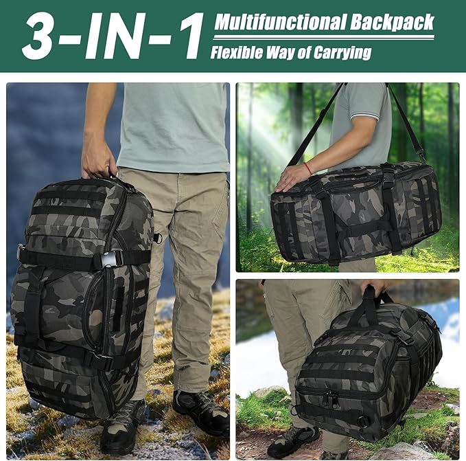 65L Large Duffle Bag, 3-in-1 Tactical Backpack MOLLE Pack for Sports, Gym, Outdoor, Black Camo