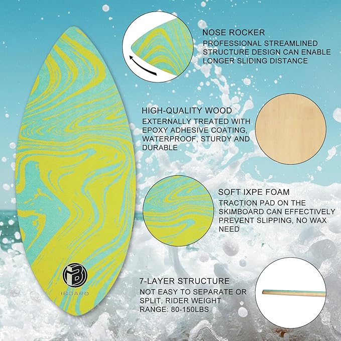 41” Skipper Skimboard with High Gloss Coat Wooden Skim Boards for Beginners, Teenagers and Adults Beach Skimboard 3 Color Traction Pad to Choose
