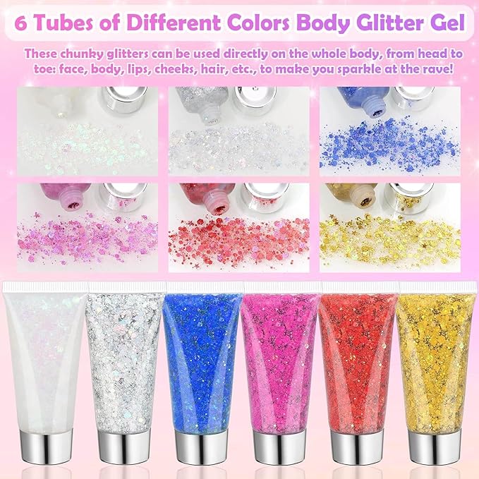6 Colors Body Face Glitter Gel for Skin and Hair, Makeup Sparkles Rave Accessories for Festival Outfits, Mermaid Decorations, Disco Cowgirl, Mardi Gras