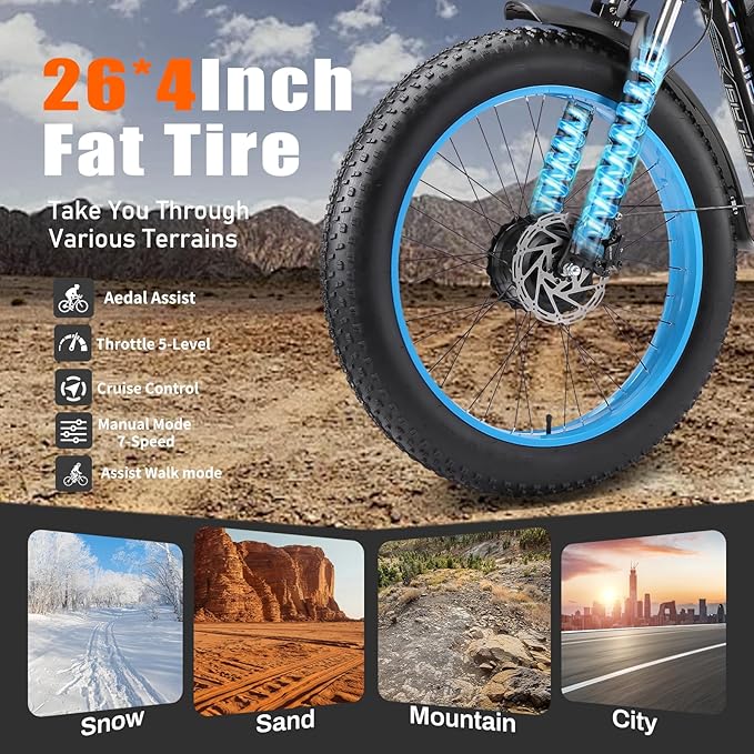 52V Electric Bike for Adults, 38MPH 26” Fat Tire Dirtbike 6000W Peak, AWD Ebike Dual Motor,26AH Removable Battery Fast Full Hydraulic Brake