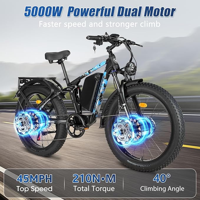 5000W 60V 26Ah Electric Bike for Adults, 60V Battery Ebike, 26"X4"Fat Tire,45MPH & 70 Miles Long Range,210Nm Mountain Bike Full Suspension, Hydraulic Brake Electric Bicycle,Rear Rack