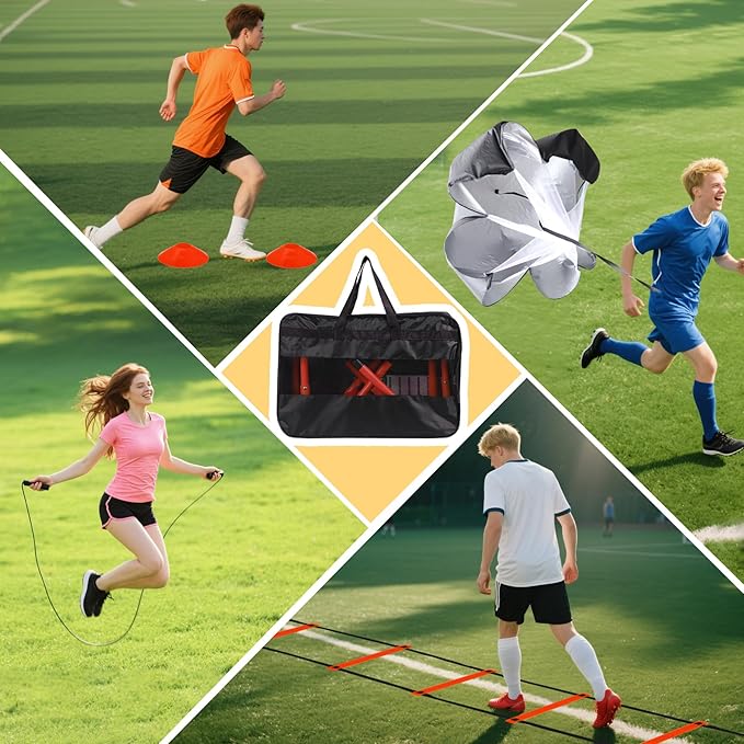 Agility Ladder, Agility Speed Training Set, 20ft 12 Rung Agility Ladder, 4 Agility Hurdles, 5 Resistance Bands, 12 Resistance Cones, Running Parachute, Jump Rope for Athletes, Adults