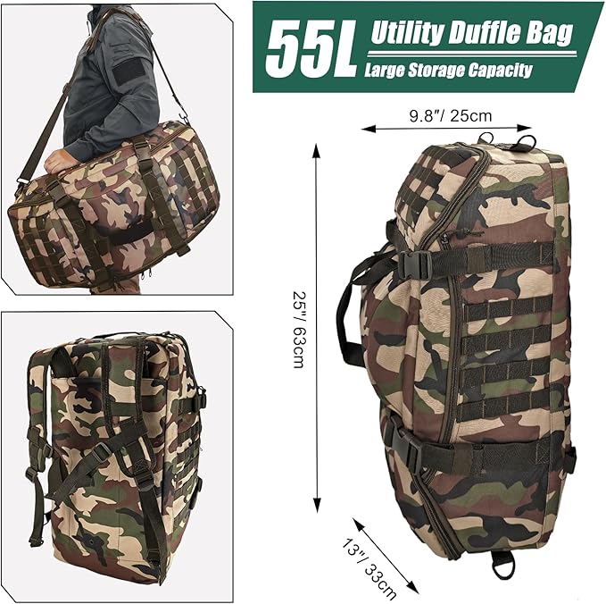 55L Large Duffle Bag, 3-in-1 Tactical Backpack MOLLE Pack for Sports, Gym, Outdoor, Woodland