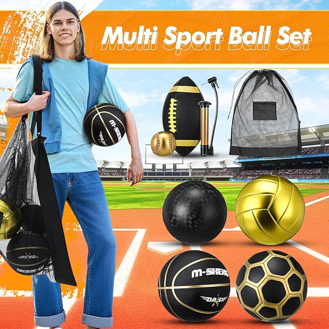 6 Pcs Multi Sport Ball Set Official Size Football, Basketball, Soccer, Volleyball, Playground Ball, Baseball with Equipment Bag Pump for Teen Adult Sport Gift Back to School