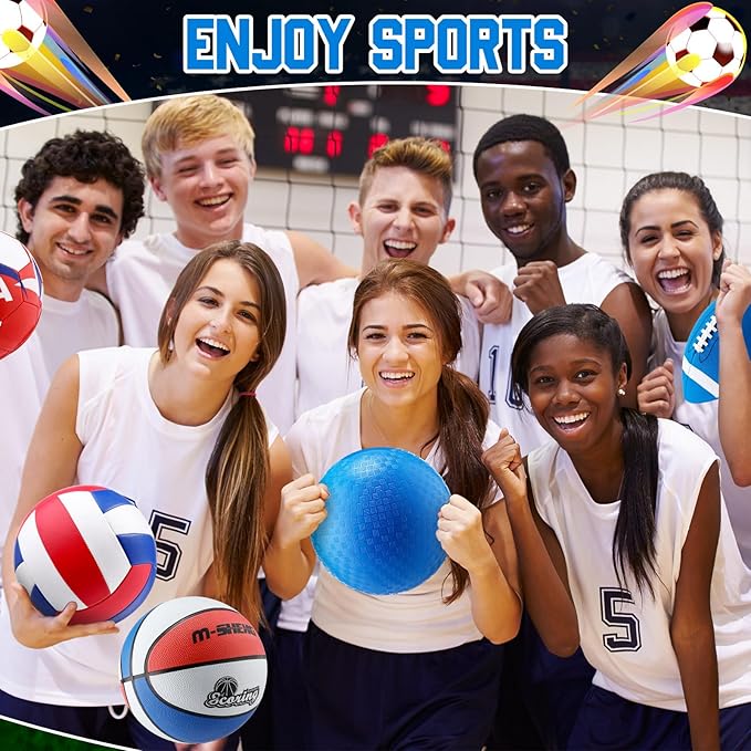 6 Pcs Multi Sport Ball Set Official Size Football, Basketball, Soccer, Volleyball, Playground Ball, Baseball with Equipment Bag Pump for Teen Adult Sport Gift Back to School