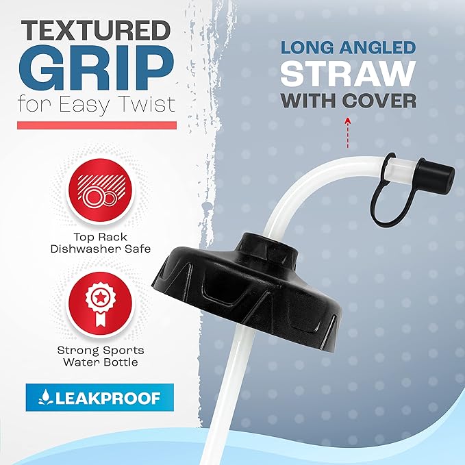 50 Strong 1 Liter Water Bottle with Straw – 18-Pack Easy-Squeeze Sports Bottles with Long Straw & Built-In Finger Grip – BPA-Free & Made in USA – Ideal for Hockey & Team Sports