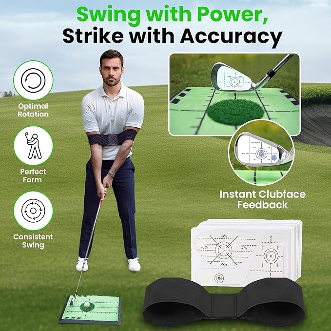 5-in-1 Golf Hitting Mat Set - Golf Training Aid with Path Feedback mat with Turf Patch, Replaceable mat, Impact Tape, Swing Arm Band & Carry Bag - Indoor & Outdoor Golf Mat for Practice