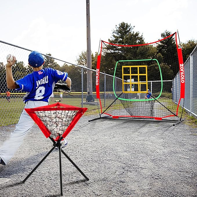 6x6ft Portable Baseball & Softball Net for Hitting,Pitching and Throwing, with Sturdy Bow Frame,Battting Tee,Ball Caddy and 2 Strike Zones, Perfect Pitching net for Kids!