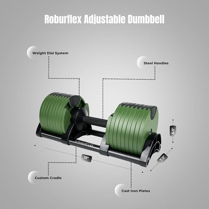 Adjustable Dumbbell (Single) by ROBURFLEX for Workout Strength Training Fitness Home Gym