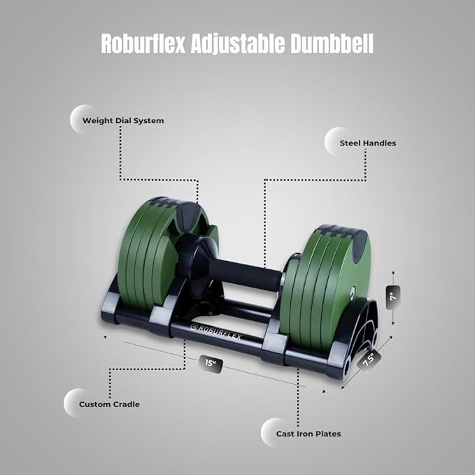 Adjustable Dumbbell (Single) by ROBURFLEX for Workout Strength Training Fitness Home Gym