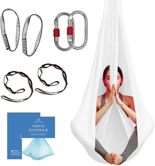 Aerial Silk Yoga Hammock & Swing for Home, Inversion Exercises, Starter Kit for All Levels - Durable with Extension Straps, Carabiners, and Pose Guide