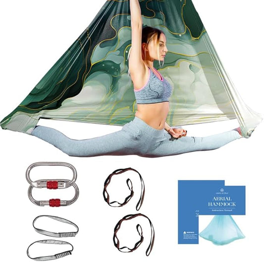 Aerial Silk Yoga Hammock & Swing for Home, Inversion Exercises, Starter Kit for All Levels - Durable with Extension Straps, Carabiners, and Pose Guide