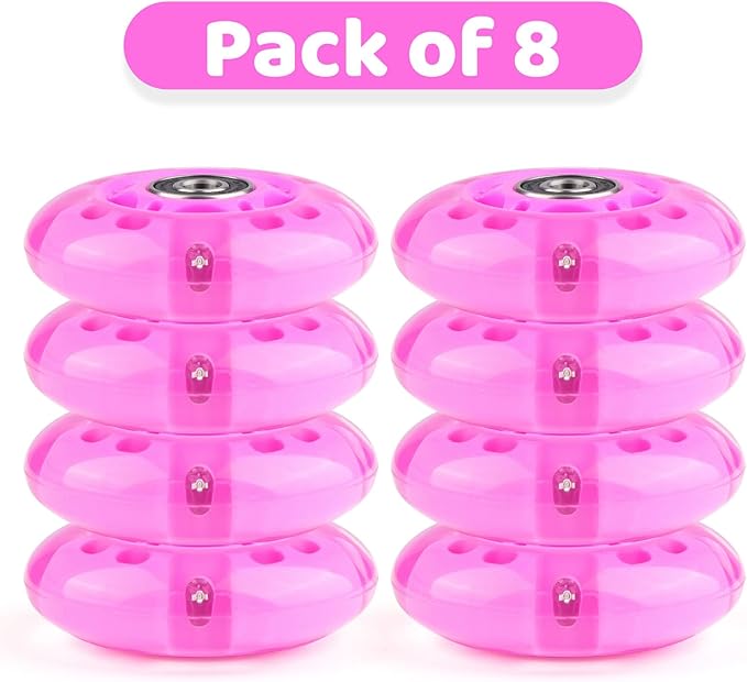 8pcs Inline Skate Wheels Led Light-Up Wheels 64/70/72/76/80mm w/Bushings 85-88A for Kids and Youth Beginners Children's Inline Skates Indoor/Outdoor Use (Pink, 72mm)