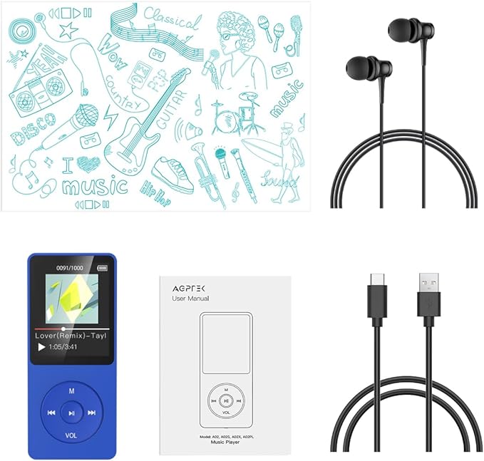 AGPTEK A02S 16GB MP3 Player, 70 Hours Playback Lossless Sound Music Player, Supports up to 128GB, Dark Blue