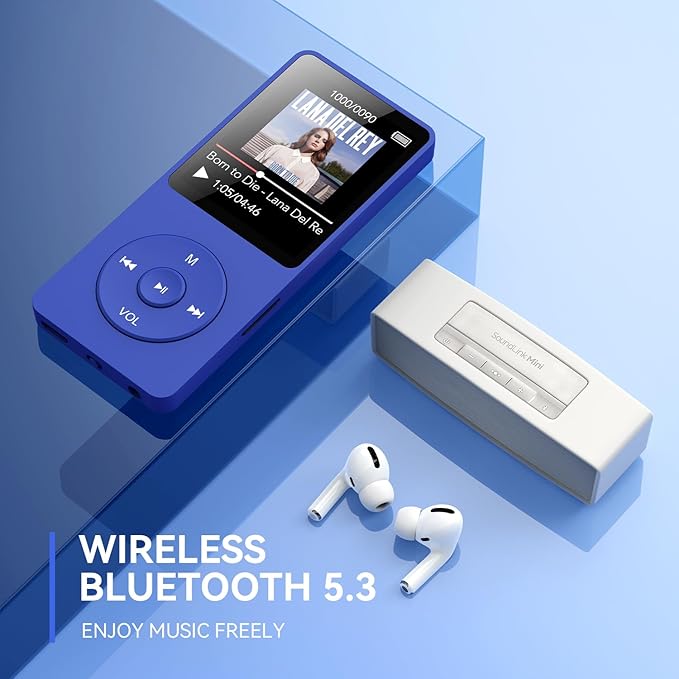 AGPTEK A02 MP3 Player with Bluetooth 5.3, 1.8 inch Screen Portable Music Player with Speaker, FM Radio, Voice Recorder, Supports Expanded Up to 128GB(Blue, 32GB)