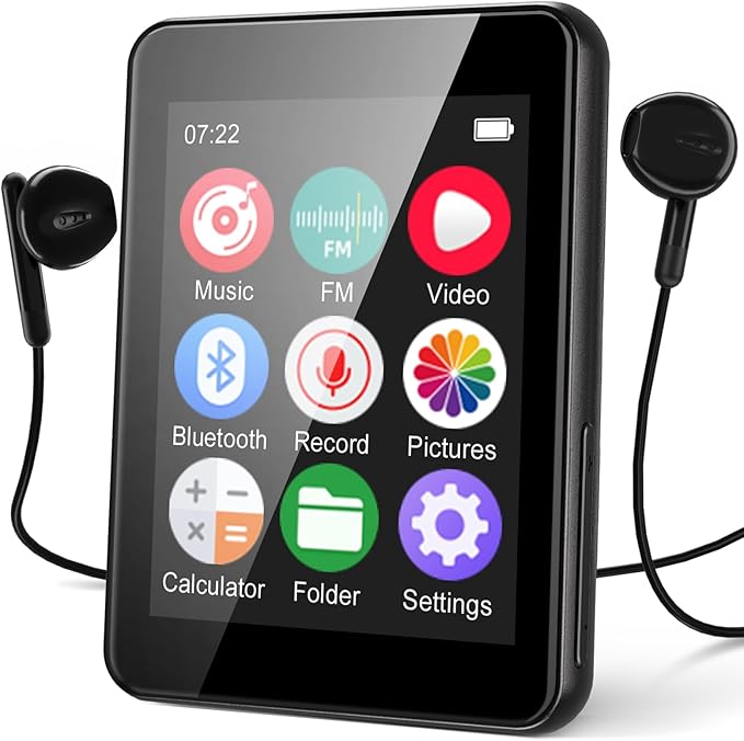 64GB Music Player with Bluetooth 5.3, 2.4" Portable MP3 Player with Speaker, FM Radio, Voice Recorder, E-Book, Full Touch Screen, Supports up to 256GB (Earphones Included)