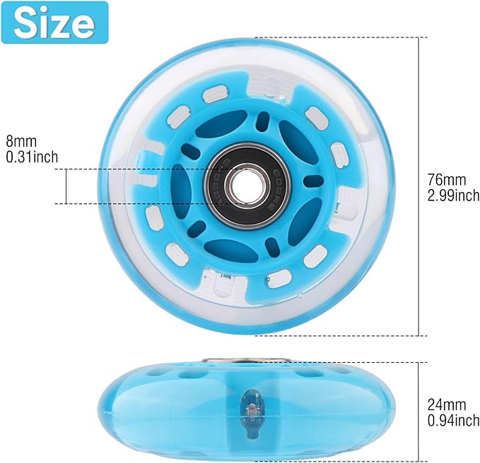 8pcs Inline Skate Wheels Led Light-Up Wheels 64/70/72/76/80mm w/Bushings 85-88A for Kids and Youth Beginners Children's Inline Skates Indoor/Outdoor Use (Blue, 76mm)