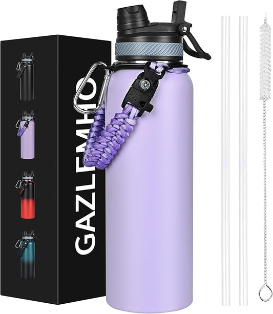 40 oz Insulated Water Bottle with Straw& Spout 2-in-1 Lid, Triple Wall Vacuum Stainless Steel Cold 48H, Leak Proof Sports Metal Flask Jug with Paracord Handle, Purple