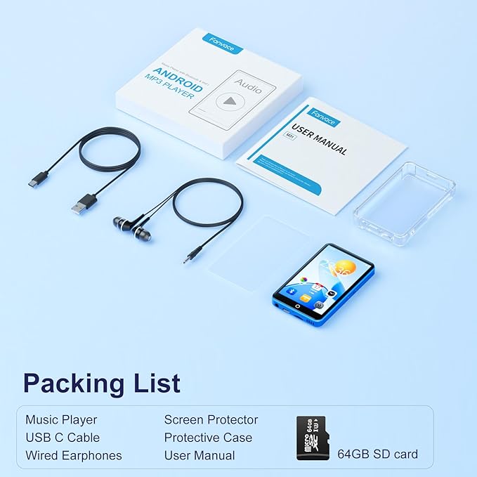 80GB MP3 Player with Bluetooth WiFi, 4" MP3 Players with Spotify, 2000mAh MP4 Player with Touch Screen, Android Music Player with Spotify Kids, Audible, Amazon Music, Play Store