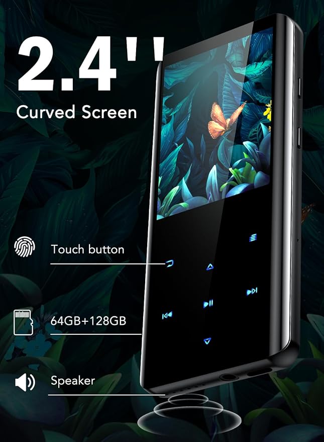 AGPTEK 64GB MP3 Player with Bluetooth 5.3, A19PL 2.4" Curved Screen Portable Music Player with Speaker Lossless Sound with FM Radio, Voice Recorder, Supports up to 128GB, Black