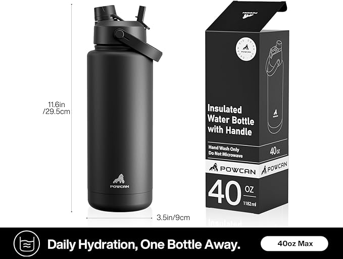 40 oz Insulated Water Bottle with 2-in-1 Straw and Spout Lid, Keep Cold 24H, Leak-Proof, BPA-Free, Double Wall Stainless Steel Water Bottle for Sports, Gym, Travel, and School (Dark Knight)