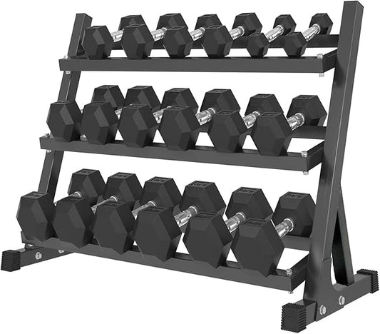 6-10 Pair Iron and Rubber Dumbbell Set 350/450 and 550 lbs 5-50 lbs Hand Free Weight for Strength Hex Coated Weights with Vertical Storage Rack Home Gym 5-50 lb - Black