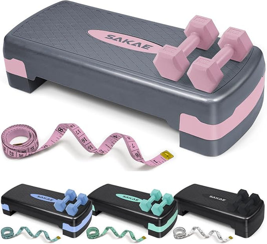 Aerobic Stepper Set with Dumbbells & Measuring Tape, Adjustable Height 2 Level Risers Workout Exercise Step Platform, 4 Colors, the Ultimate Gift for a Joyful Holiday and Merry Christmas