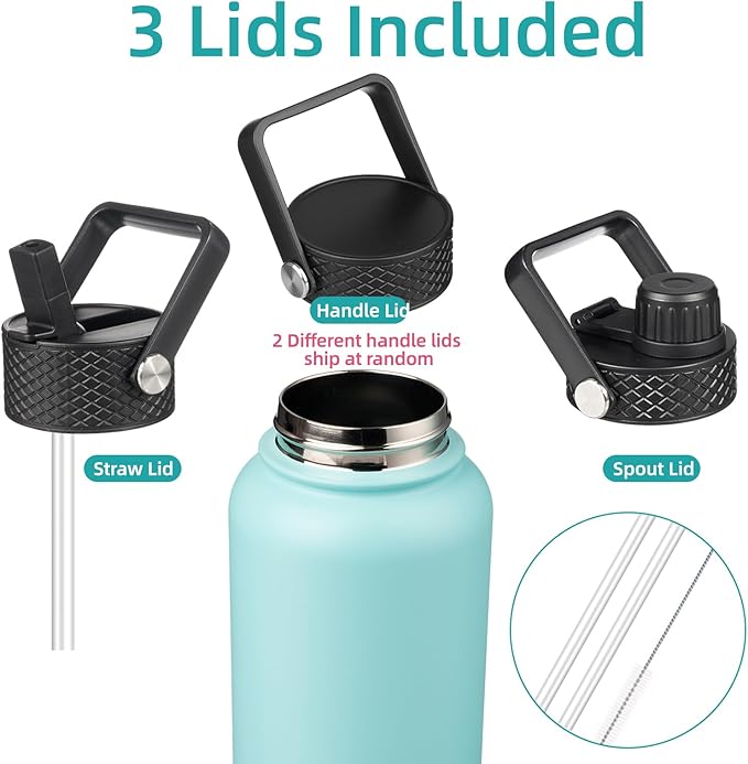 40oz Insulated Water Bottle Stainless Steel Sport Bottles with 3 Lids,Turquoise