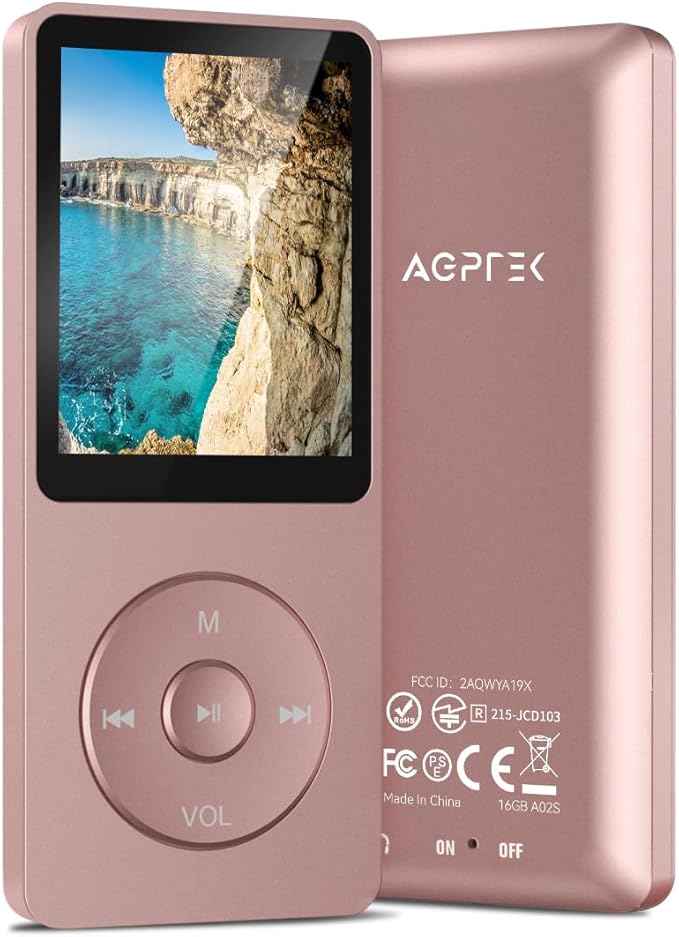 AGPTEK A02S 16GB MP3 Player, 70 Hours Playback Lossless Sound Music Player, Supports up to 128GB, Rose Gold