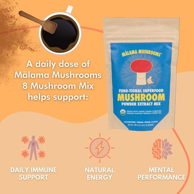 8-Mushroom Extract Powder by Malama, Organic Body Mushroom Blend Featuring Lion's Mane, Reishi, Cordyceps, Chaga, Turkey Tail, Superfood Adaptogenic