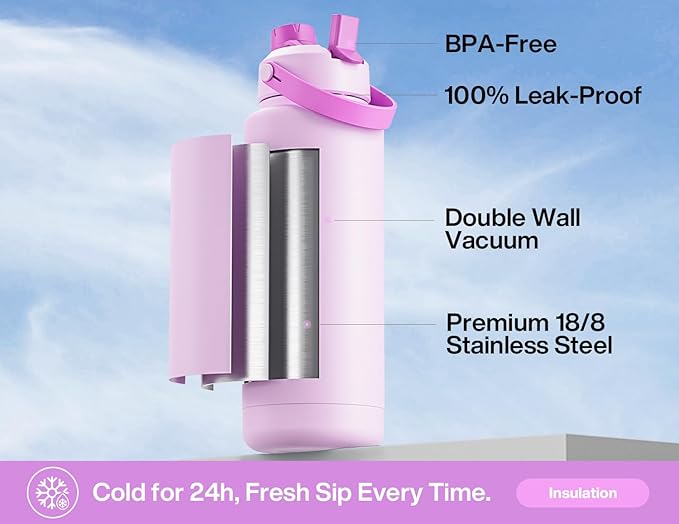 40 oz Insulated Water Bottle with 2-in-1 Straw and Spout Lid, Keep Cold 24H, Leak-Proof, BPA-Free, Double Wall Stainless Steel Water Bottle for Sports, Gym, Travel, and School (Misty Lilac)