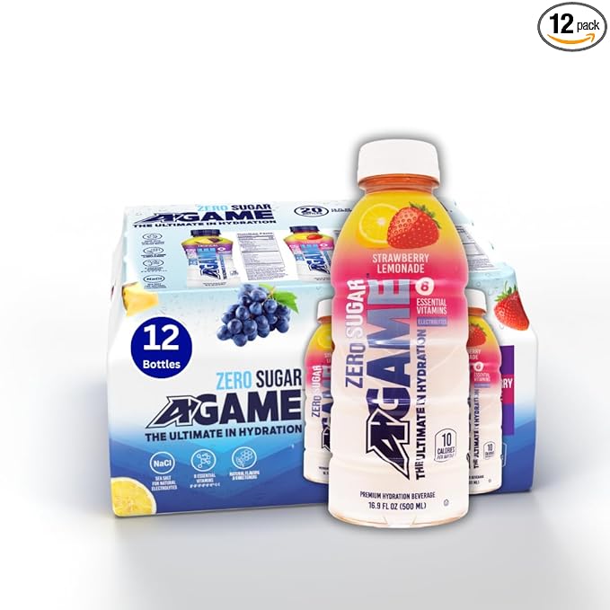 A-Game Zero Sugar Sports Drink, Strawberry Lemonade Zero, Sugar Free Hydration Sports Beverage, 8 Vitamins Plus Electrolytes, Natural Flavors, Gluten Free & Keto Friendly, 16.9 Fl Oz (Pack of 12)