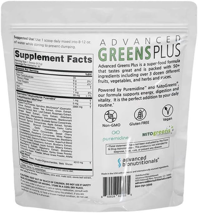 Advanced Greens Plus Powdered Superfood Formula 50 Fruits, Vegetables, Herbs, and Superfoods - Vegan, Vegetarian - 9.84 OZ - 279 g