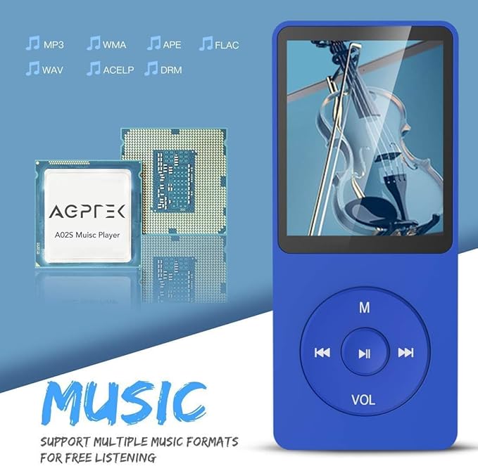 AGPTEK A02S 16GB MP3 Player, 70 Hours Playback Lossless Sound Music Player, Supports up to 128GB, Dark Blue