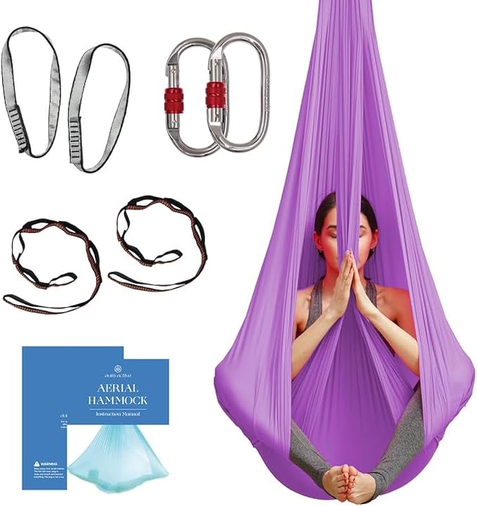 Aerial Silk Yoga Hammock & Swing for Home, Inversion Exercises, Starter Kit for All Levels - Durable with Extension Straps, Carabiners, and Pose Guide