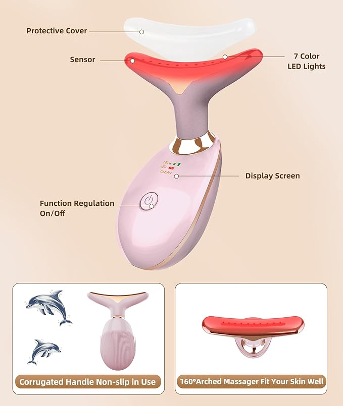 7 Color Face and Neck Massager Light Therapy, Red Light Based Facial Massager for Skin Care, Firming, Smoothing (Pink)