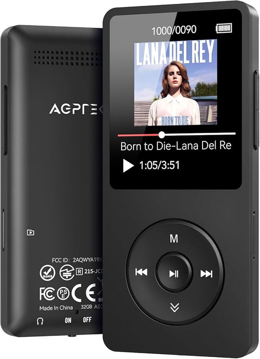 AGPTEK A02 MP3 Player with Bluetooth 5.3, 1.8 inch Screen Portable Music Player with Speaker, FM Radio, Voice Recorder, Supports Expanded Up to 128GB(Black, 64GB)