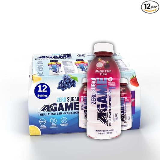 A-GAME Zero Sugar Sports Drink, Dragon Fruit Plum Zero Sugar, The Ultimate Sugar Free Hydration Sports Beverage, 8 Essential Vitamins including B, C, & E plus Sea Salt Electrolytes, All Natural Flavors, Gluten Free & Keto Friendly, 16.9 Fl Oz (Pack of 12)