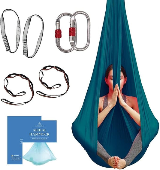 Aerial Silk Yoga Hammock & Swing for Home, Inversion Exercises, Starter Kit for All Levels - Durable with Extension Straps, Carabiners, and Pose Guide