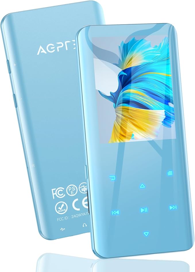 AGPTEK 64GB MP3 Player with Bluetooth 5.3, A19PL 2.4" Curved Screen Portable Music Player with Speaker Lossless Sound with FM Radio, Voice Recorder, Supports up to 128GB, Blue