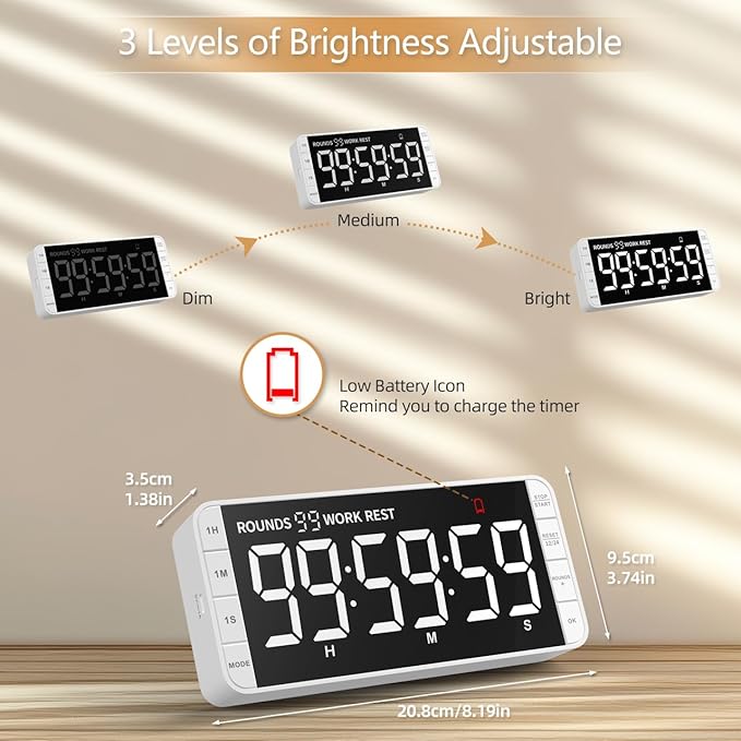 7.8'' Extra Large LED Kitchen Timer: 99H Countdown Countup with 3 Brightness, 5 Alarms & 4 Volume Levels, Magnetic Rechargeable Timer for Cooking, Classroom, Home Gym