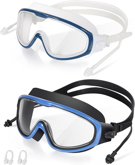 Adult Swimming Goggles,Leak-Proof,Anti-Fog Pool Glasses,Wide View Swim Goggles with Ear Plugs and Nose Clip