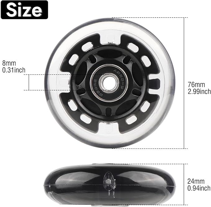 8pcs Inline Skate Wheels Led Light-Up Wheels 64/70/72/76/80mm w/Bushings 85-88A for Kids and Youth Beginners Children's Inline Skates Indoor/Outdoor Use (Black, 76mm)