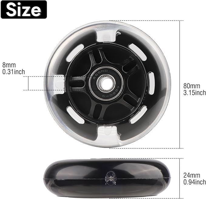 8pcs Inline Skate Wheels Led Light-Up Wheels 64/70/72/76/80mm w/Bushings 85-88A for Kids and Youth Beginners Children's Inline Skates Indoor/Outdoor Use (Black, 80mm)