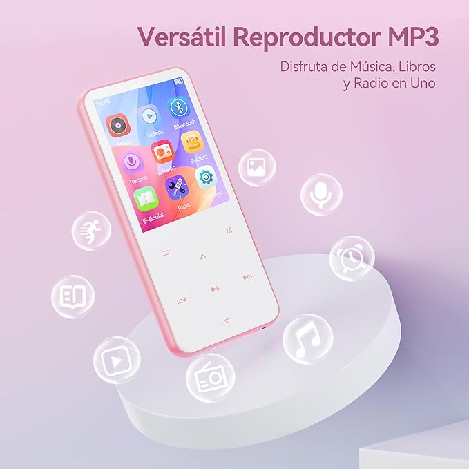 AGPTEK 64GB MP3 Player with Bluetooth, M3 2.4 inch Music Player with Speaker and FM Radio, Touch Buttons, Supports Up to 128GB, Pink