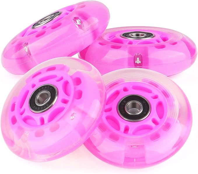 8pcs Inline Skate Wheels Led Light-Up Wheels 64/70/72/76/80mm w/Bushings 85-88A for Kids and Youth Beginners Children's Inline Skates Indoor/Outdoor Use (Pink, 76mm)