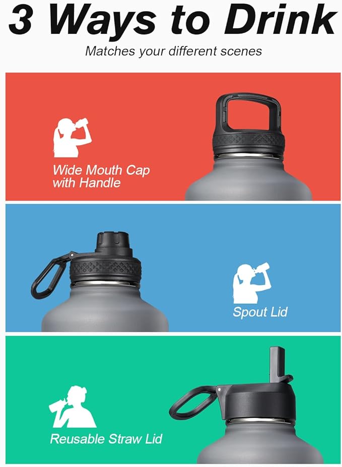 64 oz Insulated Water Bottle with Straw & 3 Lids, Coolflask Half Gallon Water Jug Large Metal Stainless Steel Wide Mouth for Sports, Gym or Office, Non-BPA Keep Cold 48H Hot 24H, Knight Grey