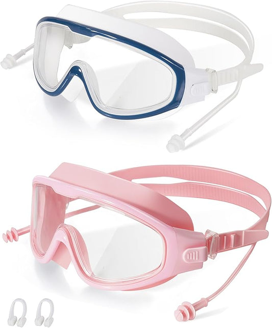 Adult Swimming Goggles,Leak-Proof,Anti-Fog Pool Glasses,Wide View Swim Goggles with Ear Plugs and Nose Clip