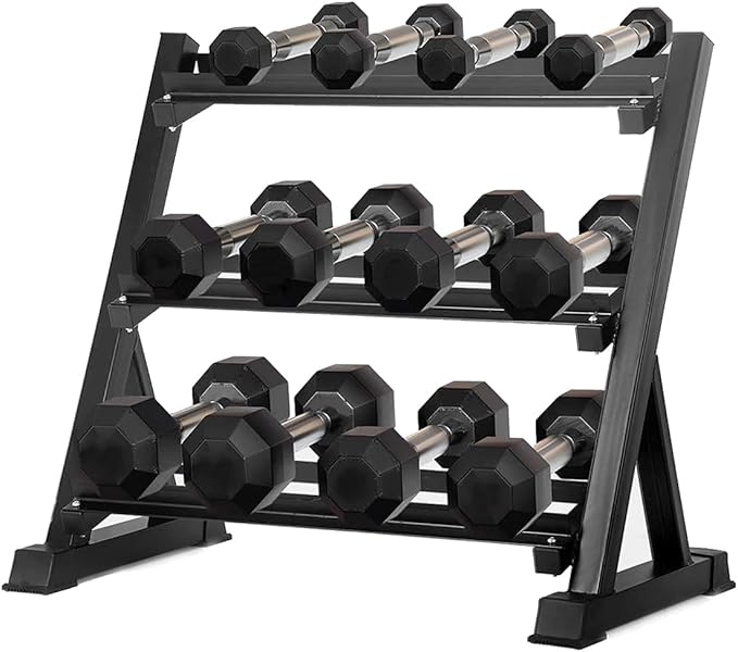 6-10 Pair Iron and Rubber Dumbbell Set 350/450 and 550 lbs 5-50 lbs Hand Free Weight for Strength Hex Coated Weights with Vertical Storage Rack Home Gym 5-50 lb - Black