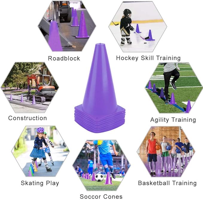 9 Inch Plastic Training Traffic Cones, Sport Cones, Agility Field Marker Cones for Soccer Basketball Football Drills Training, Outdoor Activity or Events - (Set of 10, 12, 15 or 24, 4 Colors)